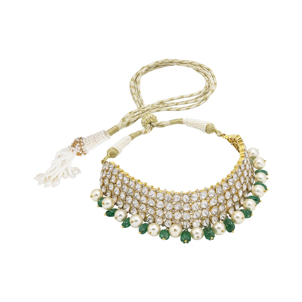 Polki Diamond Choker with Multi-Row Design and Pearl Drops